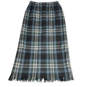 J London Blue Gray Fringe Hem Blue Gray Tartan Plaid‎ Wool Skirt Vintage Size 6